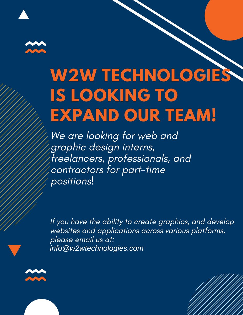 w2wtechnologies's tweet photo. Do you or someone you know specialize in graphic or web design? If so, email us at info@w2wtechnologies to have the chance to join our team part-time! Spread the word! #graphicdesign #webdesign #webdesigners  #graphicdesignersneeded #webdesignerneeded #blackowned https://t.co/tz4JIITFmq