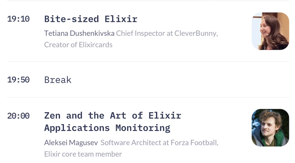 ElixirClubUA's tweet image. Here is our agenda for next Thursday, 19.11.2020
We start at 19:00 EET.
Are you ready to listen to our Elixir talks?😉