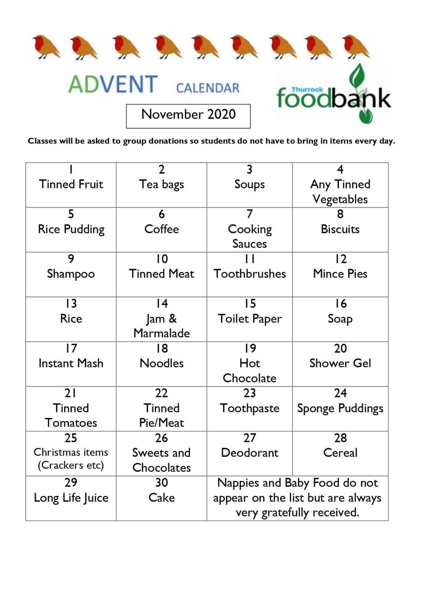 Starting on Monday 16th November, we will be running the Reverse Advent Calendar for donations for Thurrock Food Bank to help those less fortunate that are struggling at Christmas time.

This campaign will run until Monday 14th December.