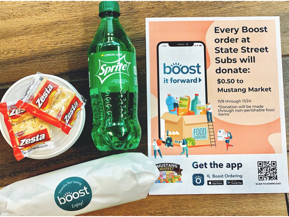 MustangDining's tweet photo. 'Tis the season to 𝒷𝑜𝑜𝓈𝓉 𝒾𝓉 𝒻𝑜𝓇𝓌𝒶𝓇𝒹💕 From now until November 24th, for every State Street Sub order placed through @boostordering, we will donate $0.50 to Mustang Market👏 #mustangdining #smsu #boostmyday #boostordering #boostitforward https://t.co/U8wzdjq7cB