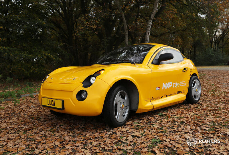 Reuters's tweet photo. Dutch students have created a fully functioning electric car made entirely out of waste, including plastics fished out of the sea, recycled PET bottles and household garbage https://t.co/EQ5C7mHguS https://t.co/DLDHX5bIhi
