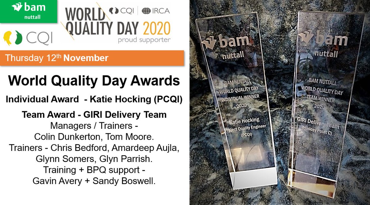 stuartwillis10's tweet photo. @BAMNuttall World Quality Awards in support of @Qualityworld winners are; Individual Award, Katie Hocking (PCQI) Team Award #getitright Initiative Delivery Team Colin Dunkerton, Tom Moore, Chris Bedford, Amardeep Aujla, Glynn Somers, Glynn Parrish. Gavin Avery + Sandy Boswell. https://t.co/1p2J5zfL6K