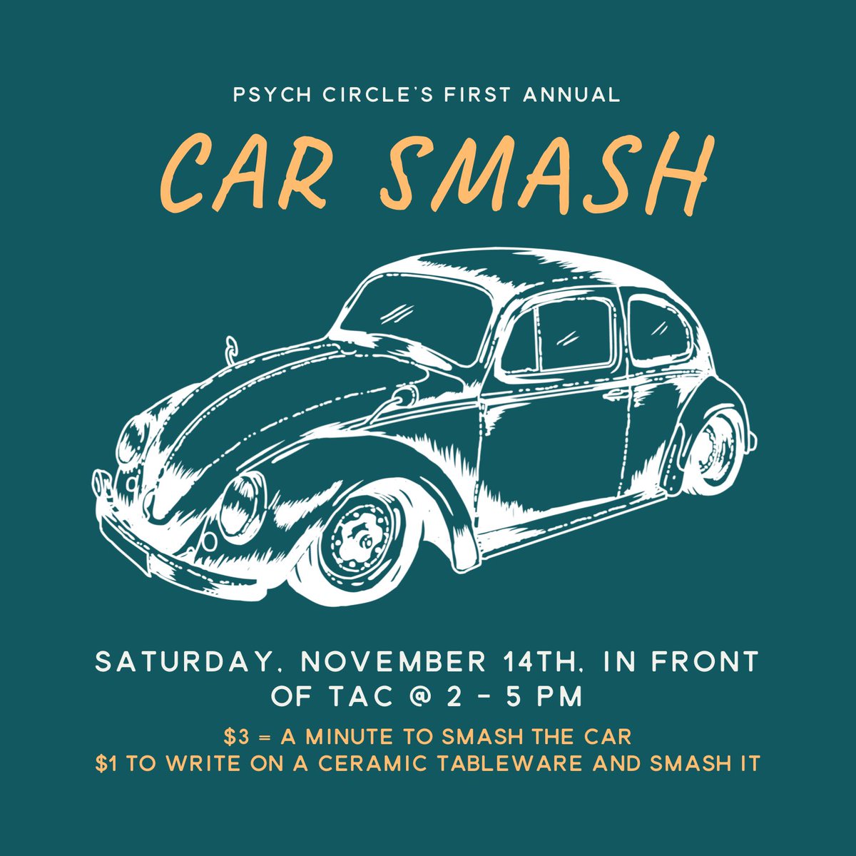 hpu_psychcircle's tweet photo. THIS Saturday is our first ever Car Smash !! Come out and enjoy smashing the car or breaking some plates! Can’t wait to see you there! https://t.co/JnB47SH3Zh