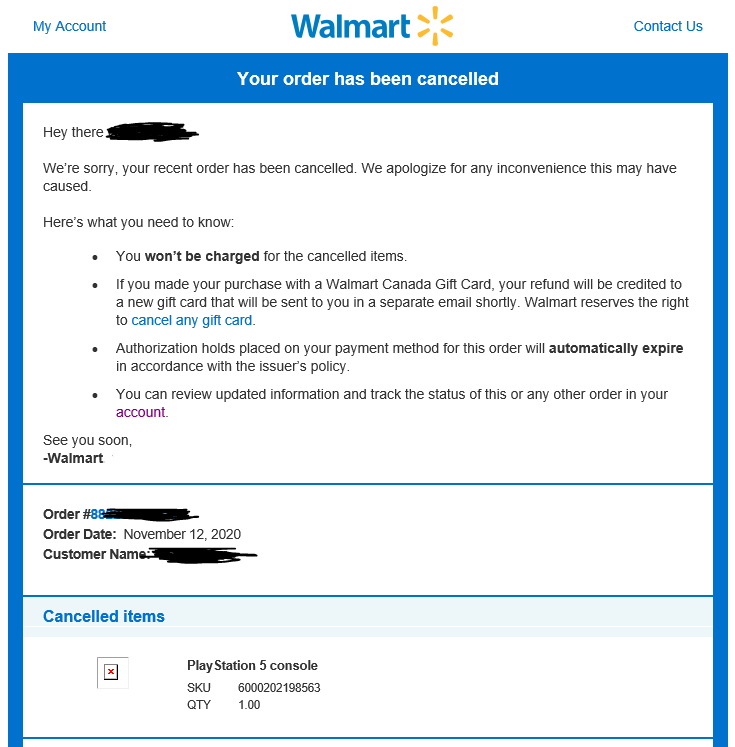 FB_Engin33r's tweet photo. Looks like @Walmart @WalmartCAGaming is now cancelling @PlayStation orders.... #ps5 #playstation #fail2020 https://t.co/IT6CRr6Ahs