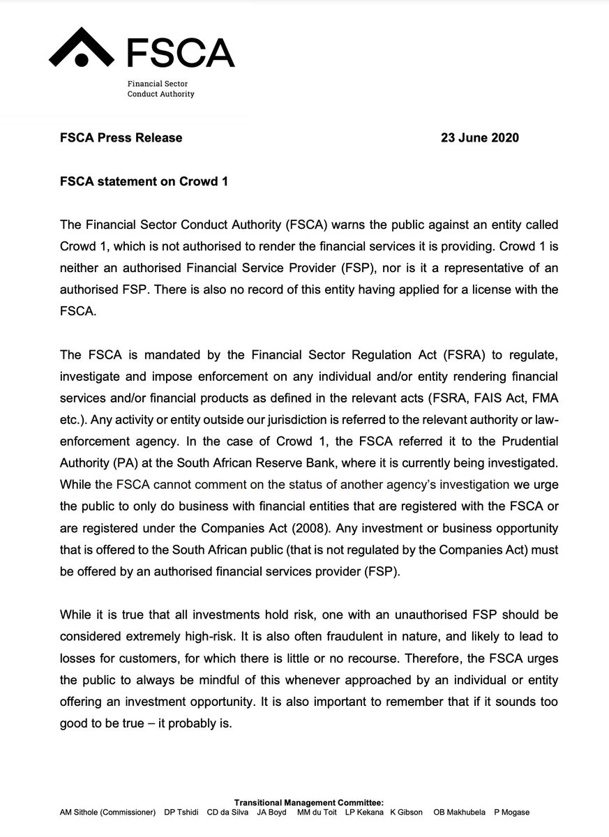 This prompted the South African  @FSCA_ZA to start looking into Crowd1 and issue a warning. As FSCA rightly concludes, "it is also important to remember that if it sounds too good to be true – it probably is."Full document >  https://www.fsca.co.za/News%20Documents/FSCA%20Press%20Release%20FSCA%20statement%20on%20Crowd%201%2023%20June%202020.pdf