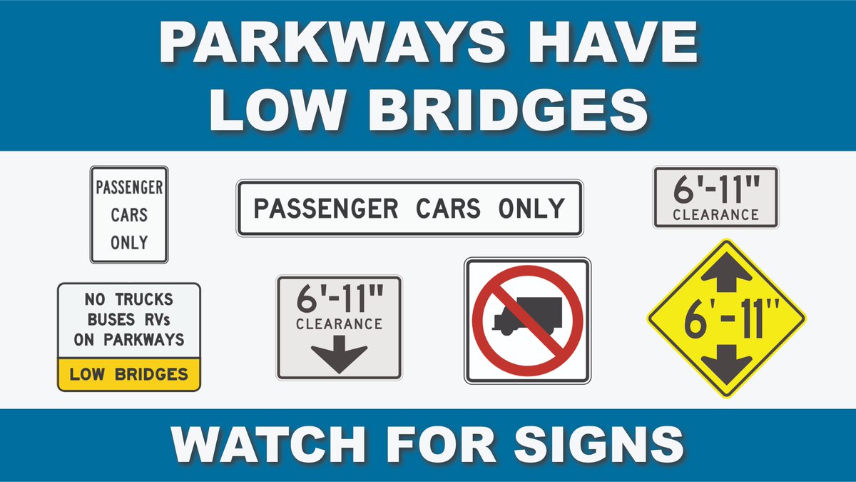 NYSDOT's tweet photo. Low bridges can be found all over the State, but they are especially prevalent on #parkways.
Bridge strikes are preventable. When driving a commercial vehicle, watch for signs and pavement markings warning of a low bridge ahead and find a safe alternate route. https://t.co/NIq77hsRMH