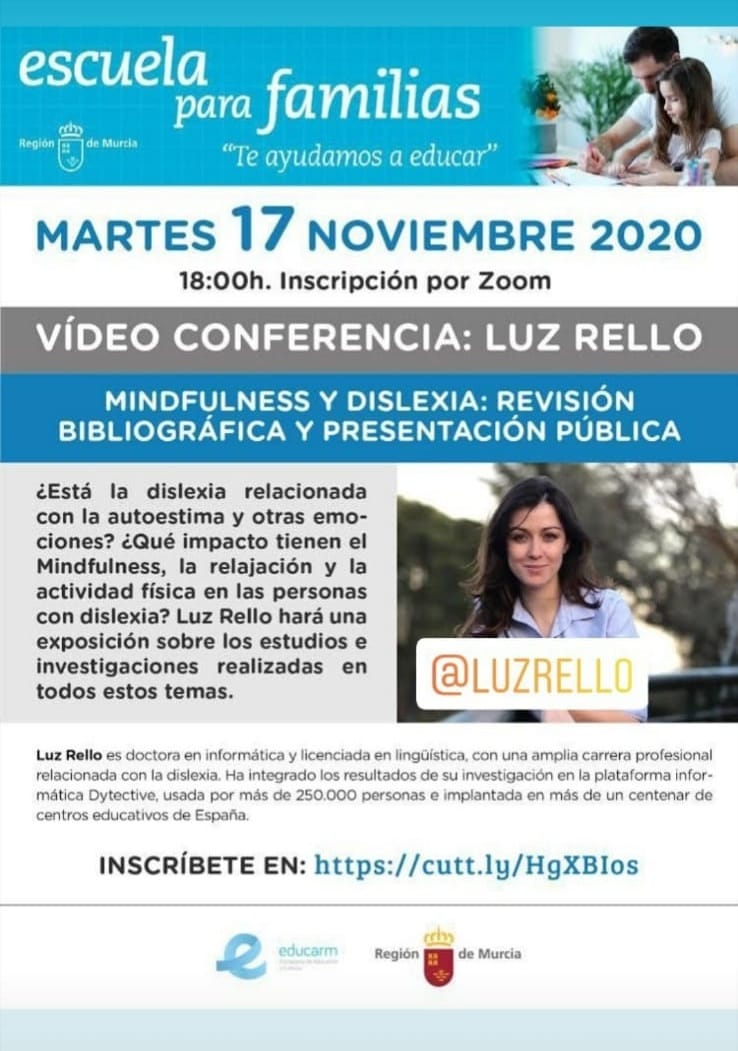 ⏰ ¡Atención! ¡No te pierdas la nueva charla de <a href="/luzrello/">Luz Rello</a> online, que organiza <a href="/Educarm/">Educarm</a> !

📣 Luz nos contará qué dicen las investigaciones sobre #dislexia en relación con la #autoestima, las #emociones, la #actividadfísica y el #mindfulness 

✅¡ ¡¡Te esperamos!!!