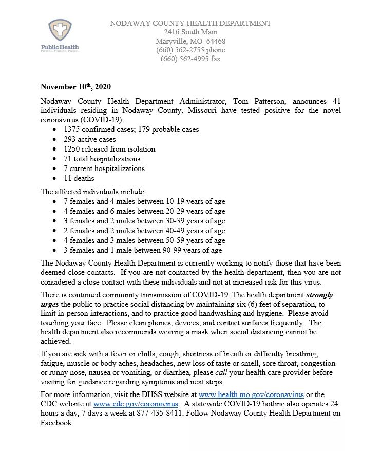41 new #COVID19  cases in Nodaway County