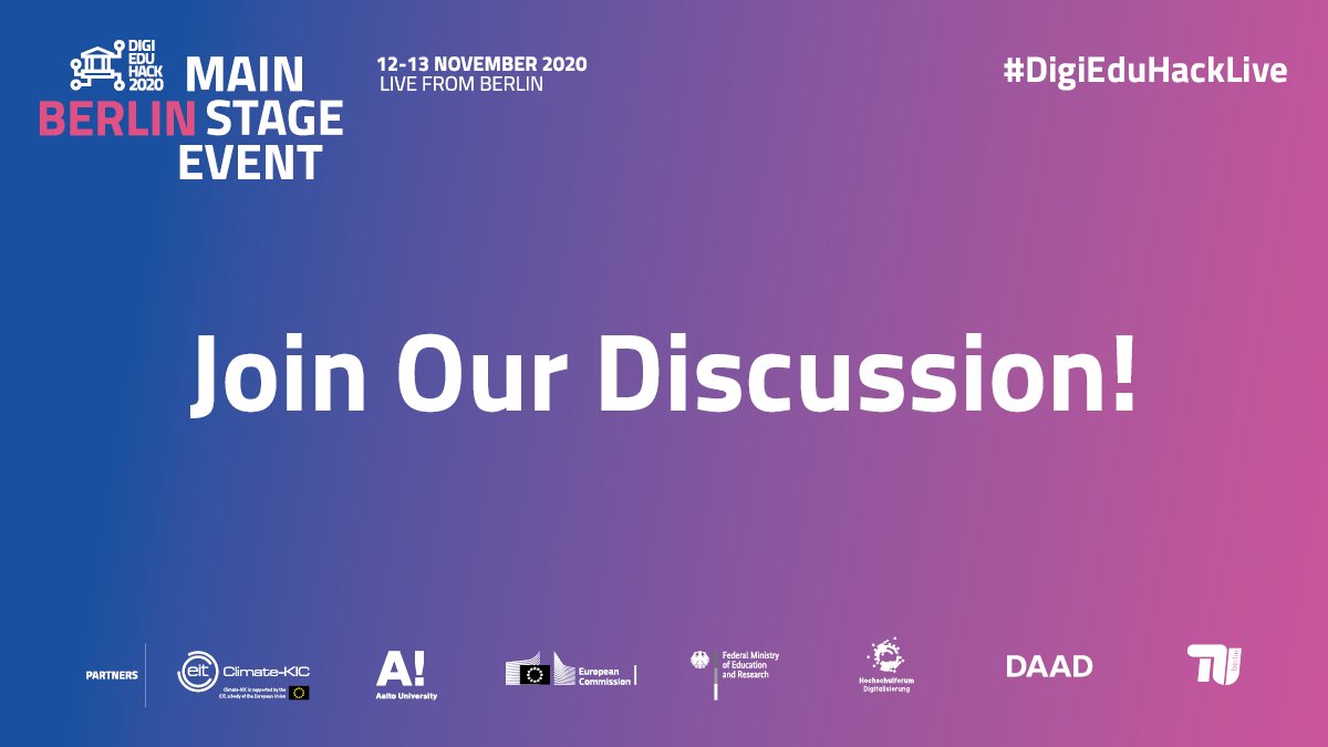DAAD_Germany's tweet image. Up next at @DigiEduHack:
🗨️14:00: Call ins from Belgium, Italy, Finland
🗨️14:15: Panel discussion on policymaking with @kabelnica
🗨️15:15: Panel discussion on collaboration with @BartVerswijvel, moderated by DAAD #WeRedefineLearning

Join us: ➡ fcld.ly/ofahehq
@TUBerlin