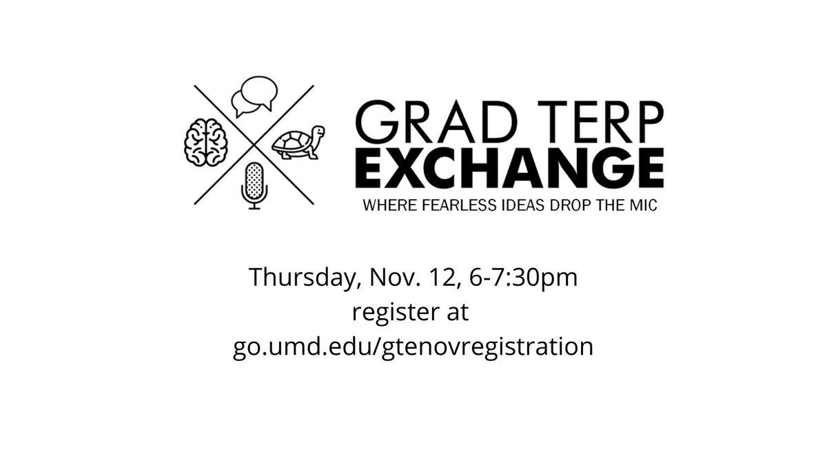 #GradTerps it's time for the November GradTerp Exchange.  Join <a href="/UMDGradSchool/">UMD Grad School</a> tonight to hear from our 3MT winners, @sarahben_93 of <a href="/AOSC_UMD/">UMD Atmos&Ocean Sci</a>, Ashley Chapin <a href="/UMDBIOE/">UMD Bioengineering</a>, and Star Kim <a href="/umdme/">UMD Department of Mechanical Engineering</a> to learn more about their research and the 3MT process. go.umd.edu/gtenovregistra…
