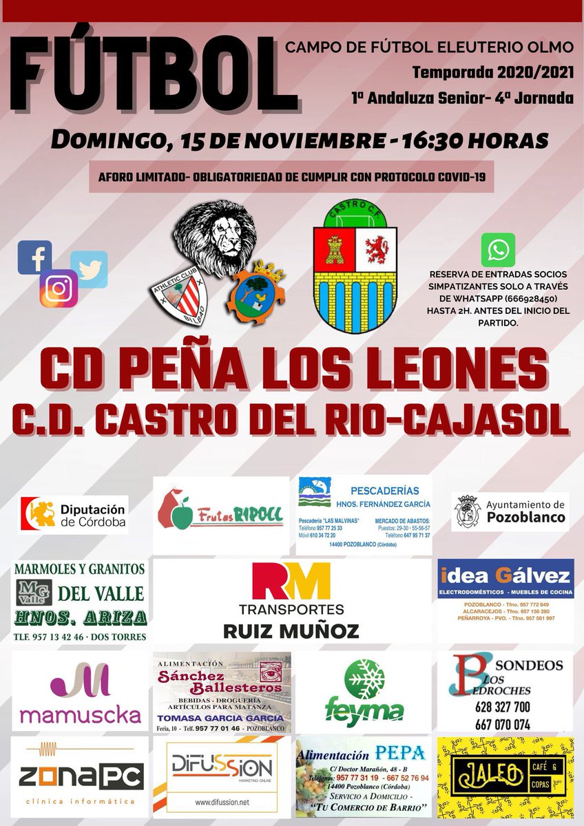 📣Horario cuarta jornada
🏆Primera andaluza senior
📆Domingo 15 de noviembre
⏰16.30
🆚<a href="/LosleonesPZB/">C.D. Peña Los Leones</a> 
🏟Eleuterio Olmo (Pozoblanco)
📺Redes sociales