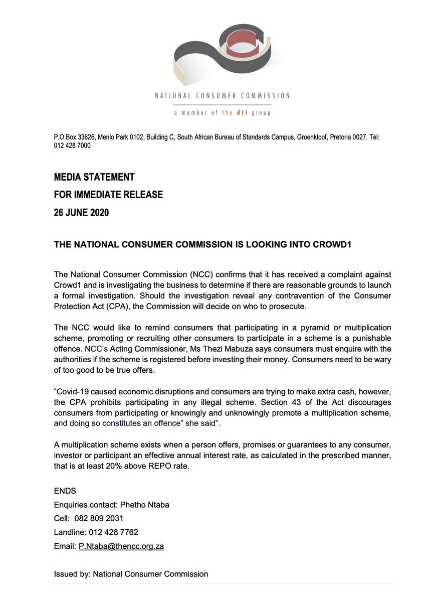 After receiving a complaint, the South African National Consumer Commission also stated that it was investigating Crowd1 "to determine if there are reasonable grounds to launch a formal investigation".Their statement >  https://www.thencc.gov.za/sites/default/files/news/Media%20Statement%20NCC%20is%20looking%20into%20Crowd1.pdf