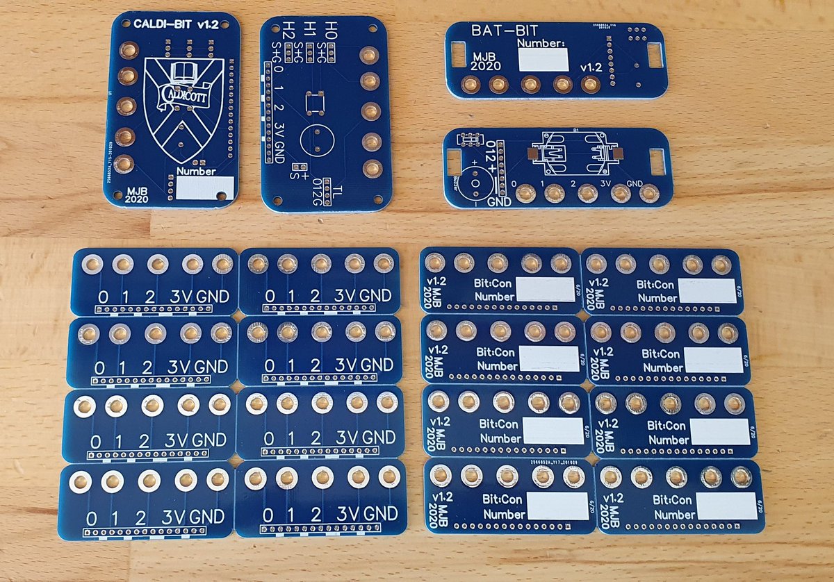ComputingStem's tweet image. Final versions of our self designed Caldi-bit, Bat-Bit &amp;amp; Bit:Con pcb boards to use in class with @microbit_edu arrived. Loving the blue.