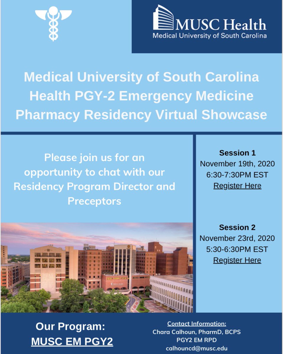 🚨Interested in Emergency Medicine?

Don't miss these 2 opportunities to learn more about the <a href="/MUSChealth/">MUSC Health</a> PGY2 EM program! 🚑

⬇️ Registration 
11/19 6:30-7:30pm EST: musc.webex.com/mw3300/mywebex…
11/23 5:30-6:30pm EST: musc.webex.com/mw3300/mywebex…