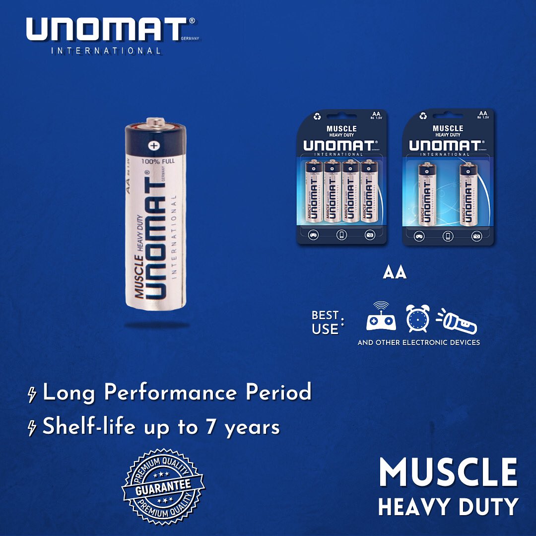 Unomat_'s tweet photo. Muscle Heavy Duty batteries are designed and built day-to-day domestic performance! Longer performance period and 7-years shelf life Guaranteed! 🔋 💪🏼 
Visit our website to know more! 
.
.
.
.
.
#Batteries #battery #power #charger  #daily #everydayuse #unomat #unomatinternational https://t.co/1SY6g9xC7N