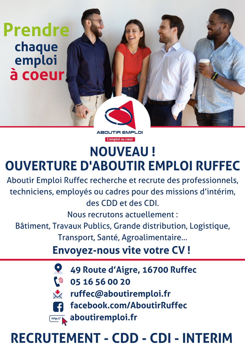 Groupe Aboutir Emploi (@groupeaboutir) on Twitter photo 🆕 Nouveau ! Ouverture d'Aboutir Emploi #Ruffec 🆕
➡️ Aboutir Emploi Ruffec recherche et recrute des professionnels, techniciens, employés ou cadres pour des missions d’#intérim, des #CDD et des #CDI.
Envoyez-nous vite votre CV ! ruffec@aboutiremploi.fr
#recrutement #emploi 🆕 Nouveau ! Ouverture d'Aboutir Emploi #Ruffec 🆕
➡️ Aboutir Emploi Ruffec recherche et recrute des professionnels, techniciens, employés ou cadres pour des missions d’#intérim, des #CDD et des #CDI.
Envoyez-nous vite votre CV ! ruffec@aboutiremploi.fr
#recrutement #emploi