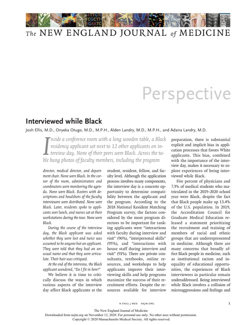 UREssien's tweet photo. “During this interview cycle, there will be no conference room with a long wooden table. We still challenge programs to address the concerns of the Black applicant who wonders, Do I fit in here?”

Must read for everyone interviewing this applicant season.

https://t.co/dlhTxiaYEN https://t.co/1XwXlRM99D