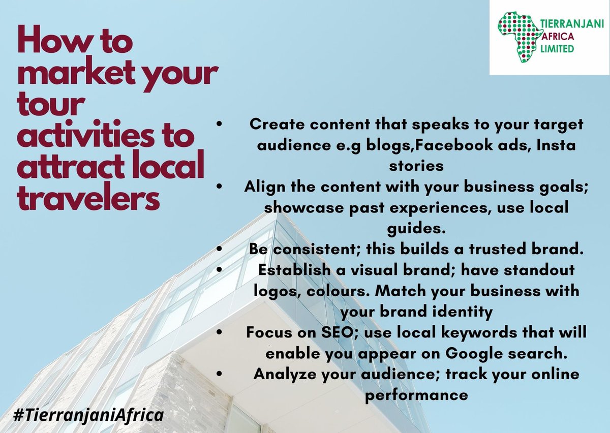 Content marketing can build an engaging and loyal audience in result they become advocates for your business.  
How do you market your tour activities to attract local travellers?

First, have a clear target audience

Here are a few tips.

#tours #travel #tourism #marketing #tips