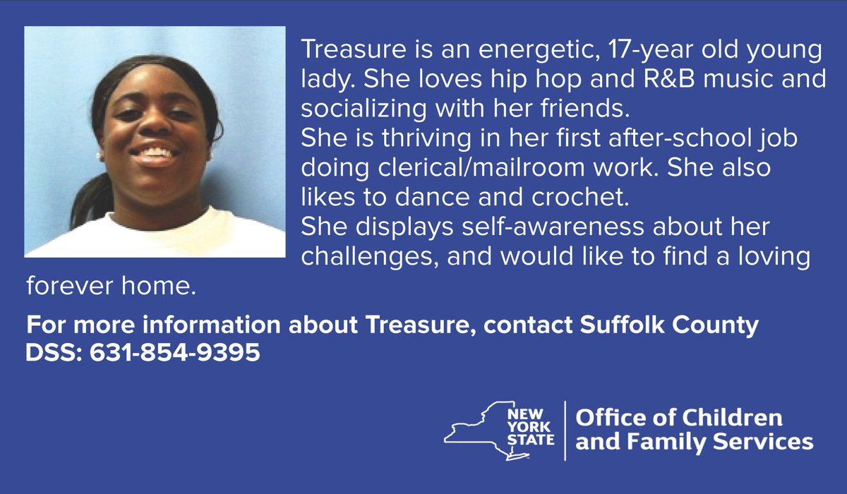 NYSOCFS's tweet photo. Meet Treasure.
November is #NationalAdoptionMonth. #adoptionawarenessmonth. Each day this month we are sharing stories of kids looking for a #foreverfamily. https://t.co/yPQU6r4tIc
