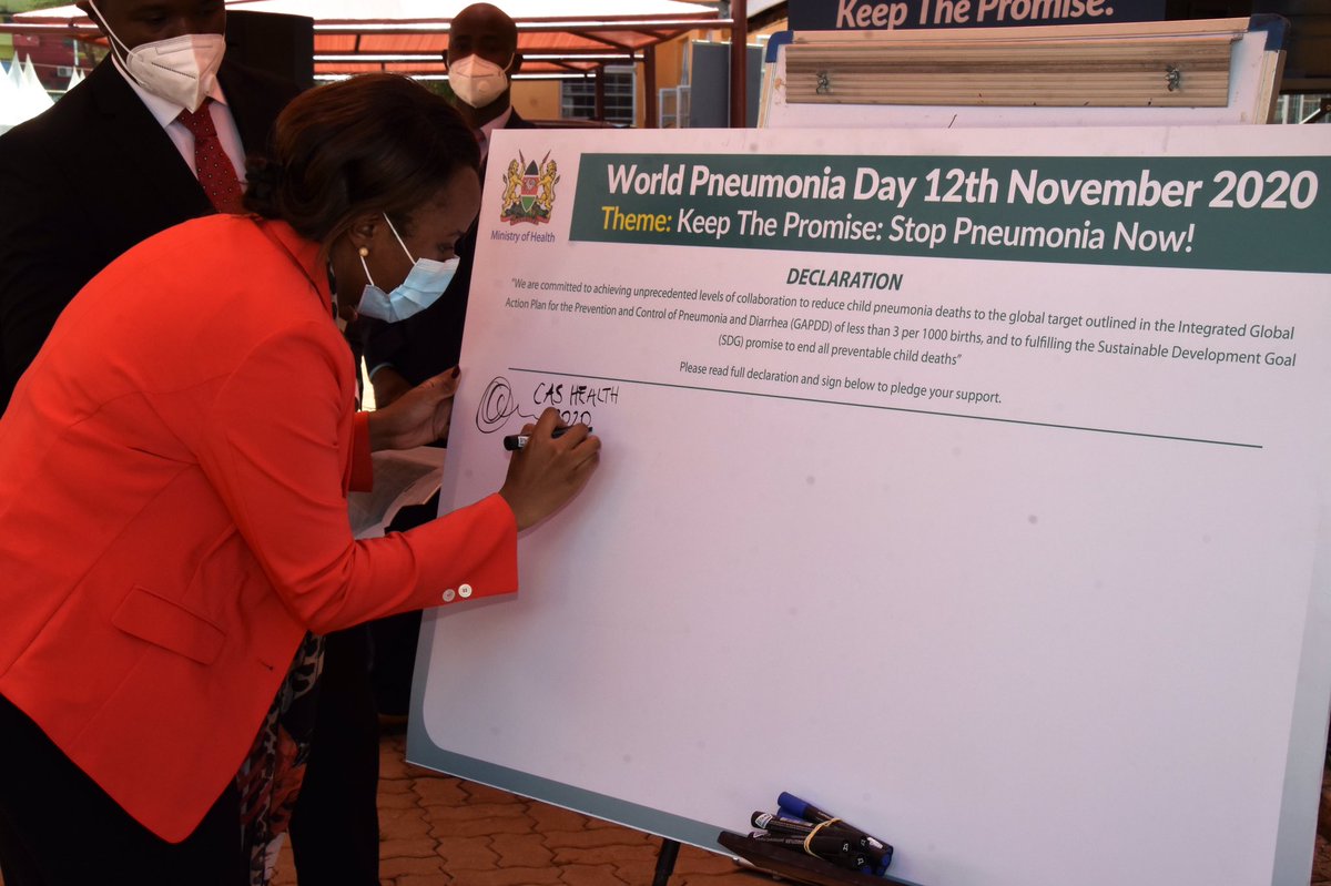 MOH_Kenya's tweet photo. Health Chief Administrative Secretary, Dr. Mercy Mwangangi presides over the World Pneumonia day commemoration at Kiambu Level 5 Hospital grounds &amp; signs the National declaration highlighting the commitment to end pneumonia deaths in children under the age of five years in Kenya. https://t.co/mLTnO36SgU