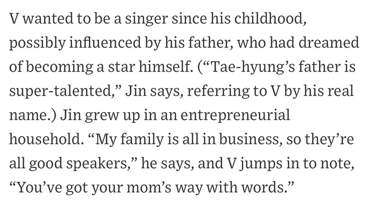 jinnieslamp's tweet photo. From @WSJMag interview: Jin grew up in an entrepreneurial household. 

Jin: "My family is all in business, so they’re all good speakers." 
V: "You’ve got your mom’s way with words." https://t.co/FtlEpD34xB