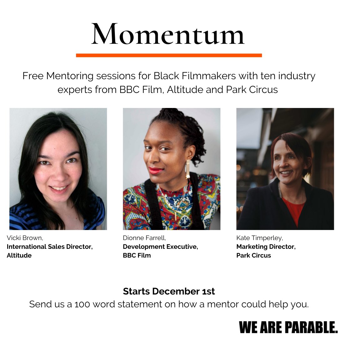 weareparable's tweet image. We’re offering FREE online mentoring sessions to 10 Black filmmakers to network with industry experts as part of #momentum our new project with @FilmTVCharity 
With support from @AltitudeFilms @BBCFilm and @ParkCircusFilms 
Get involved 👇🏾
