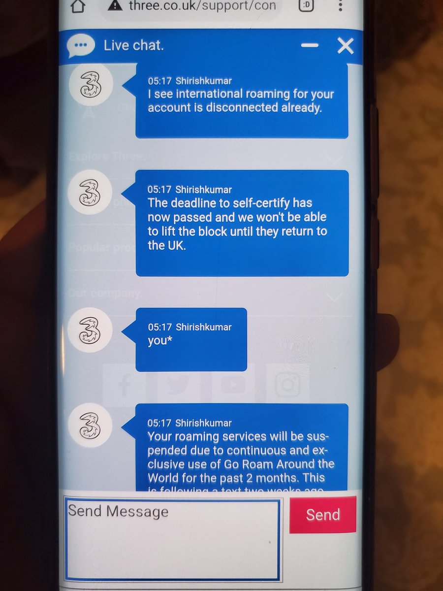 Humancure's tweet photo. @ThreeUKSupport 2nd msg. After 2 weeks of waiting, emailing three proof im a uk citizen and proof of being stuck in the US, support now lies stating they will charge me yet not reactivate my account!!!!! https://t.co/UdxpYzIgF0