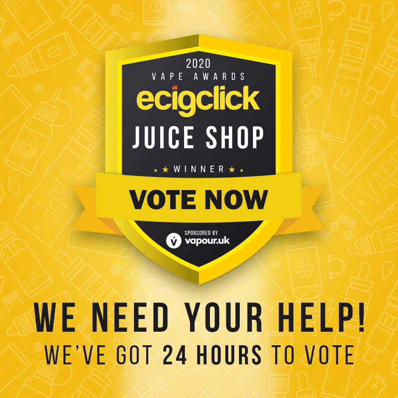 ⚠️WE NEED YOUR HELP⚠️ 
We've got just 24 hours to get nominated for the eCig Click awards. 

Please quickly visit tinyurl.com/y3f2gg6u and vote 'JUICE SHOP' for the following categories:

Best Vape Brand
Best Bricks &amp; Mortar Shop UK
Best Online Shop UK

Thanks!

#ecigclick