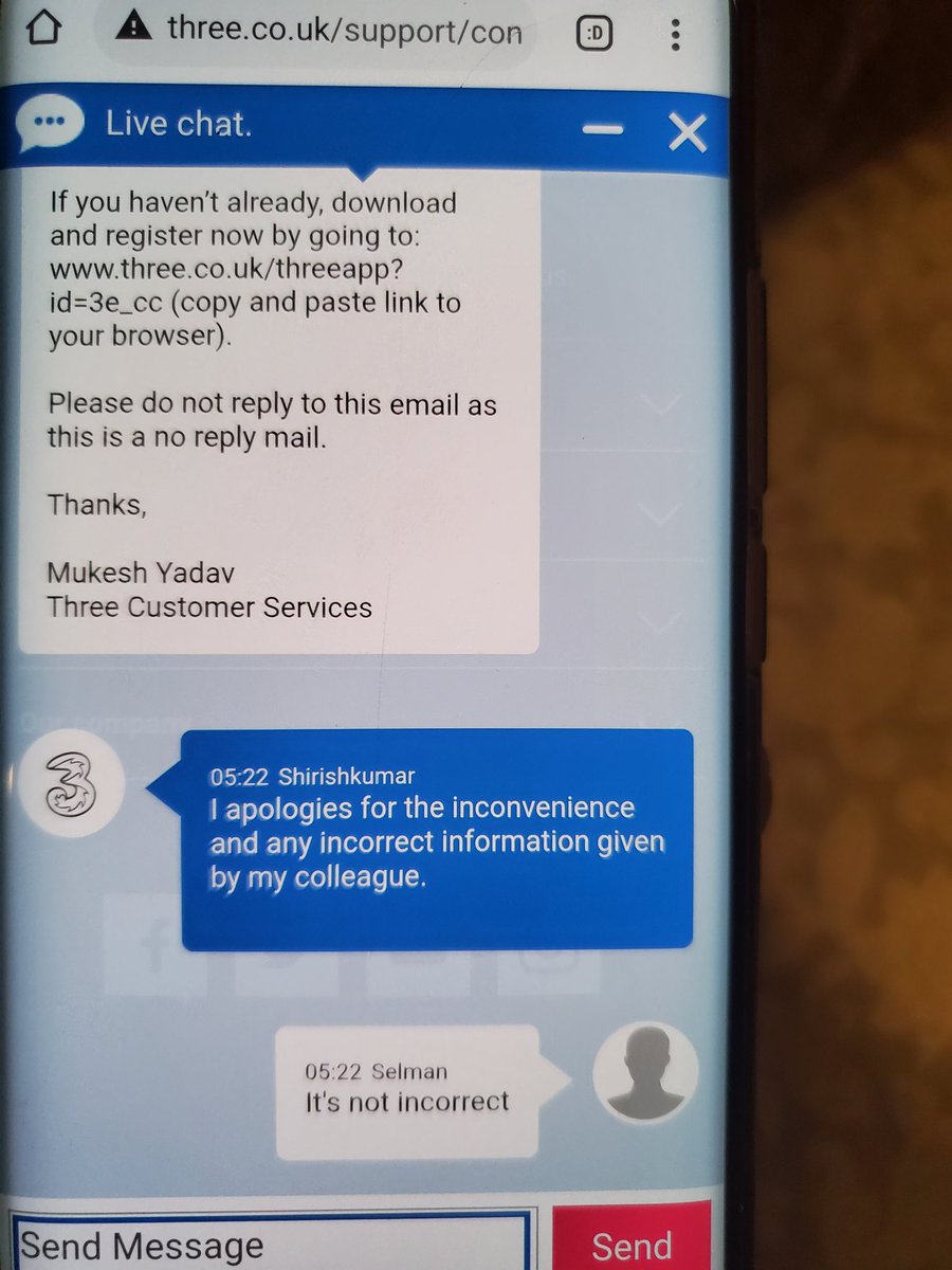 Humancure's tweet photo. @ThreeUKSupport Last message to which three support replied was incorrect. Contrary to what you said on Twitter, and your website. In reality you are taking advantage of #covid stranded people. Charging them whilst disabling their sims. Well done. Watch how I reverse this years entire payments https://t.co/OsTSfL5aqo