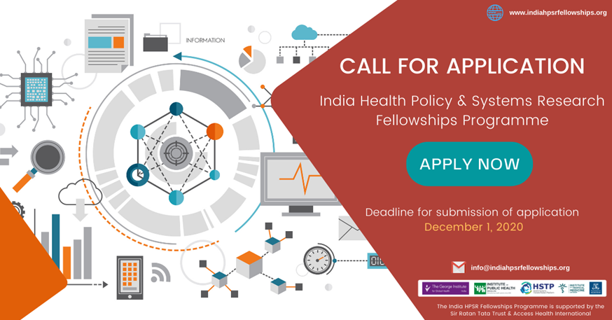 📢#APPLY! The India Health Policy & Systems Research #Fellowships Programme is inviting mid-career Indian researchers to understand and engage in #HealthSystems #HealthPolicy issues. #HPSR #HSR2020

⏳Hurry and apply before Dec 1, 2020.
Visit: indiahpsrfellowships.org to know more