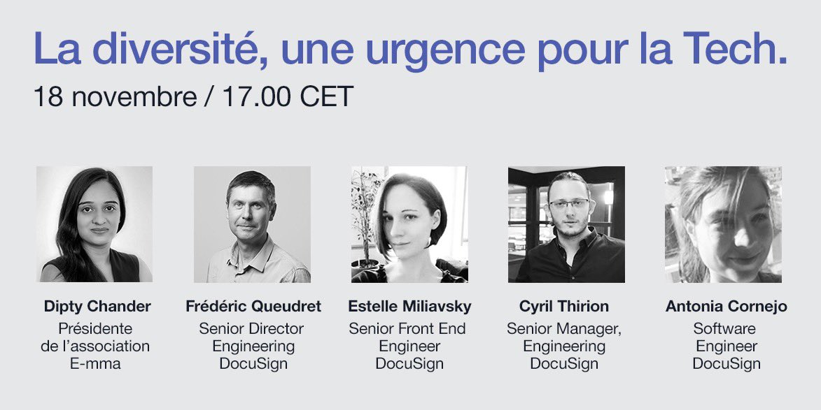 « La diversité, une urgence pour la tech ! »
Rejoignez cette conférence mercredi prochain à 17h en ligne en partenariat avec <a href="/DocuSign/">Docusign</a> <a href="/DocuSignFR/">Docusign France</a> <a href="/Org_Emma/">e-mma</a> 
Lien d’inscription dans le communiqué de presse 👉: e-mma.org/articles/confe…