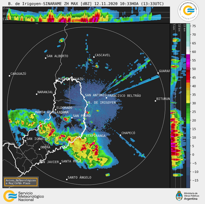 AT_Misiones's tweet photo. Un frente de tormentas muy activo esta ingresando por el suroeste a Dos de Mayo, San Vicente y zonas de influencias. Otro núcleo muy activo estaría llegando a San Pedro y zonas de influencia. https://t.co/e4OkA5nlna
