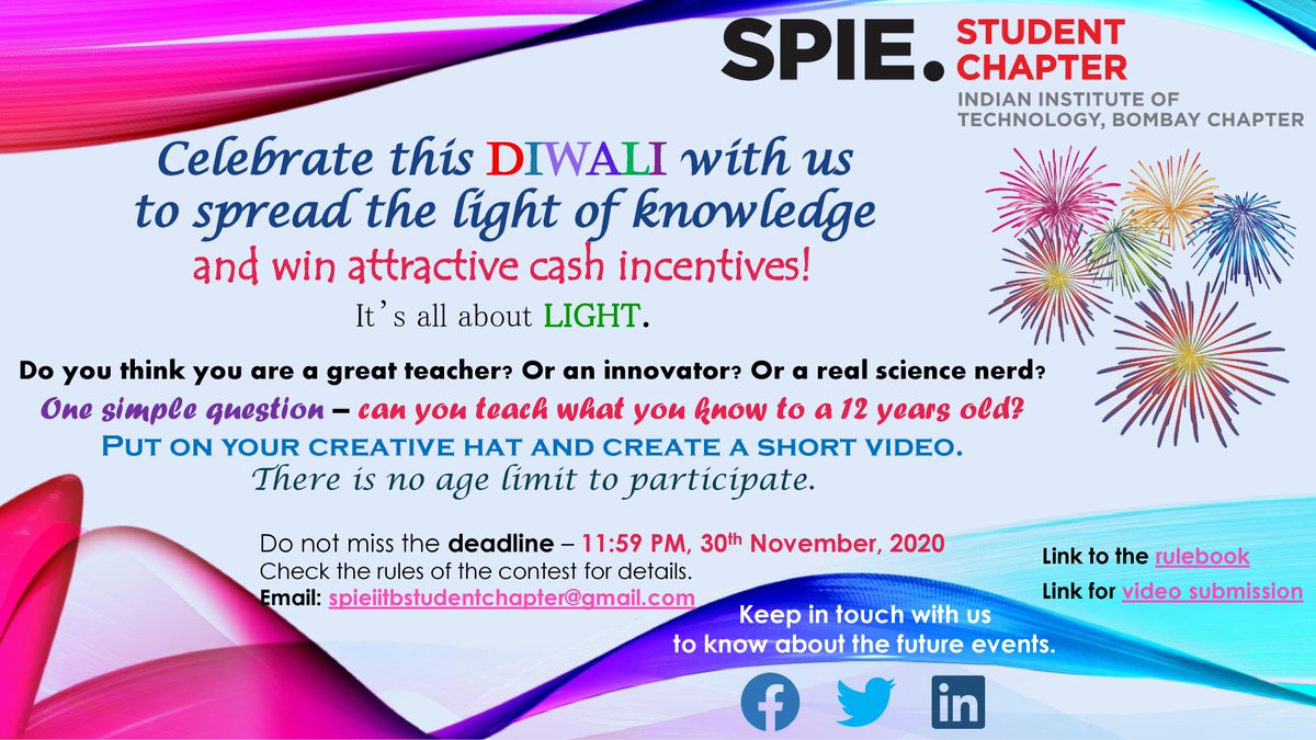 IitbSpie's tweet photo. Put on your creative hat and create a short video. No age limit for participation.

Check the rules of the contest for details.
Rule book: https://t.co/3fd6cdAiJ9
Link for video submission: https://t.co/FjYqNtM8Xz

Don't miss out the deadline: 11:59 PM, 30 November 2020. https://t.co/CoYl03wqY4