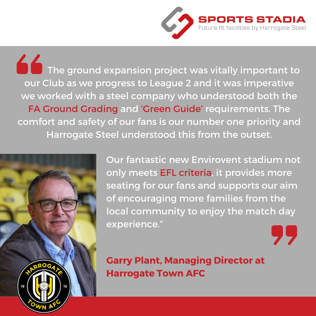 SportsStadia's tweet photo. Our understanding of the #FA Ground Grading, 'Green Guide' requirements and #EFL criteria was so important to @HarrogateTown from the outset of #constructing the new @WetherbyRoad #Stadium

#ProudToBeTown #construction #steelstructures #steelwork https://t.co/7THa1UJzg3