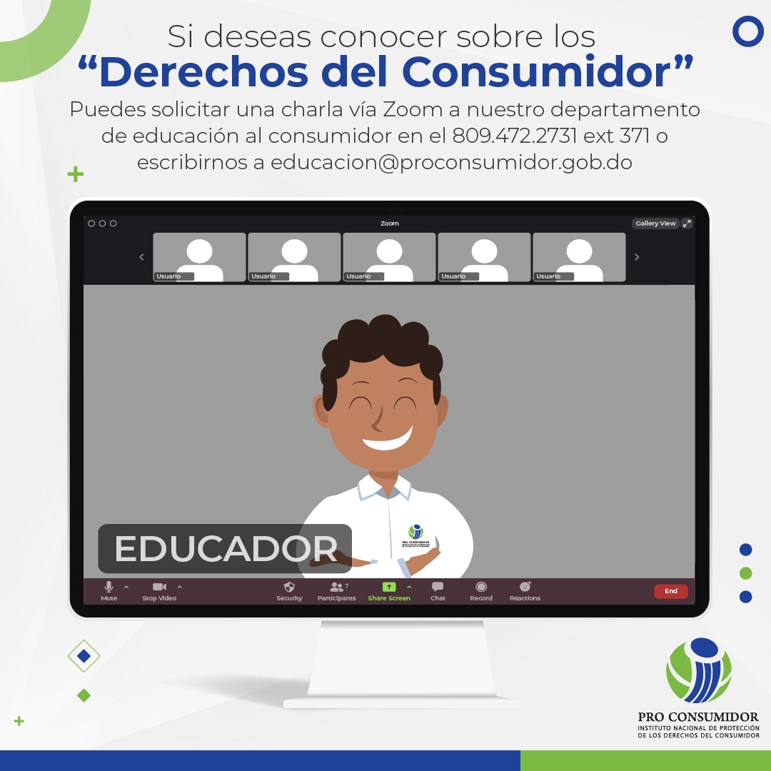 ProConsumidorRD's tweet photo. A pesar de la pandemia del Covid-19 continuamos educando a los consumidores sobre sus derechos, llámanos a las vías indicadas y coordina una charla vía Zoom.

#ProConsumidorEnAcción https://t.co/XTbeIZGL8Z