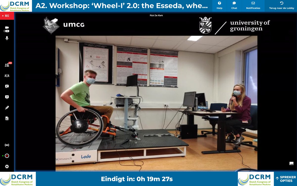 RiemerVegter's tweet photo. #dcrm2020 Workshop Wheel-I 2.0, With Rick de Klerk, @Thomas_2016 & @RowieJanssen presenting the implementation of the @Lode_Ergometry #Esseda wheelchair ergometer in the future wheelchair gait lab! https://t.co/JhI67qAwM7