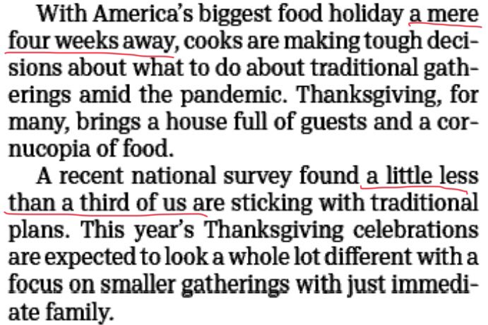 fredvultee's tweet photo. Dear #Freep: When you see a number, look for its partner. Here, you could look at the top of the page, which says Nov. 12, look up the date of Thanksgiving, and ...
Also, “that” is rarely a Needless Word, and don’t write in the first person. #editing #Com3210News https://t.co/YiZ8gXexmp