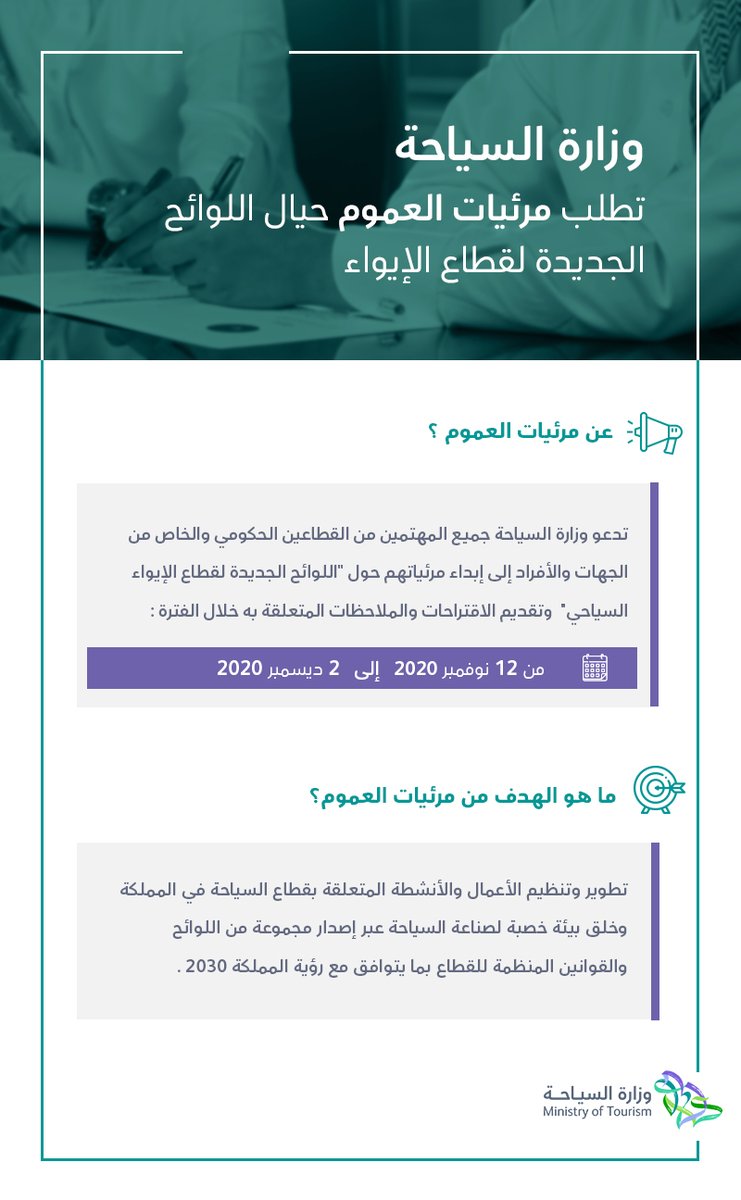 #وزارة_السياحة تتطلع لاستقبال مرئيات العموم حول مسودة لائحة مرافق الايواء السياحي ومعايير تصنيفها وذلك عبر الرابط التالي:
bit.ly/35mb6Za