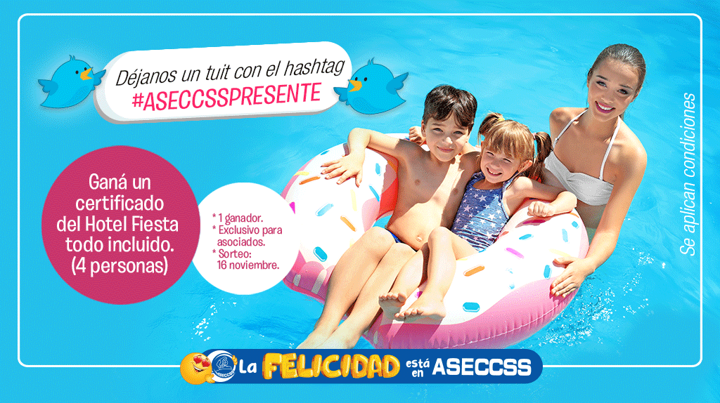 AseccssCR's tweet photo. 🌟 SORTEO 🌟
Déjanos un tuit con el hashtag #ASECCSSPRESENTE y pasea con ASECCSS.
👉Premio: Un certificado para 4 personas todo incluido en el Hotel Fiesta.
*Sacaremos 1 ganador. *Exclusivo para asociados. *Tiempo para participar: 16 de noviembre. https://t.co/FJ1OpCu4f5