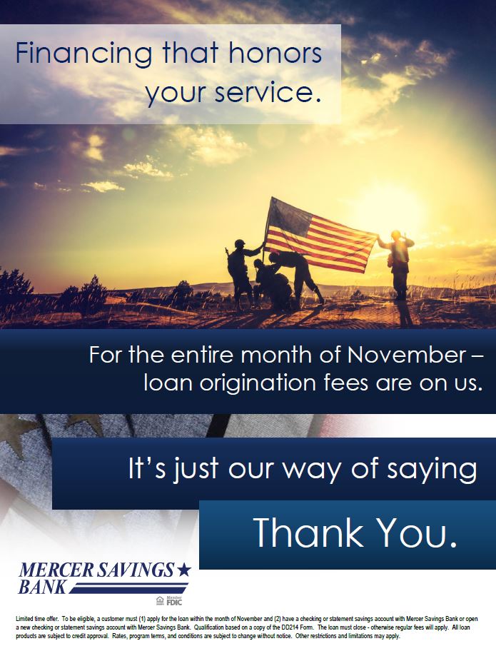 Mercer_Savings's tweet photo. For the entire month of November, loan origination fees are on us.

It's just our way of saying Thank You.

https://t.co/AV9P0ahIP4 https://t.co/IWkV1BoxFA