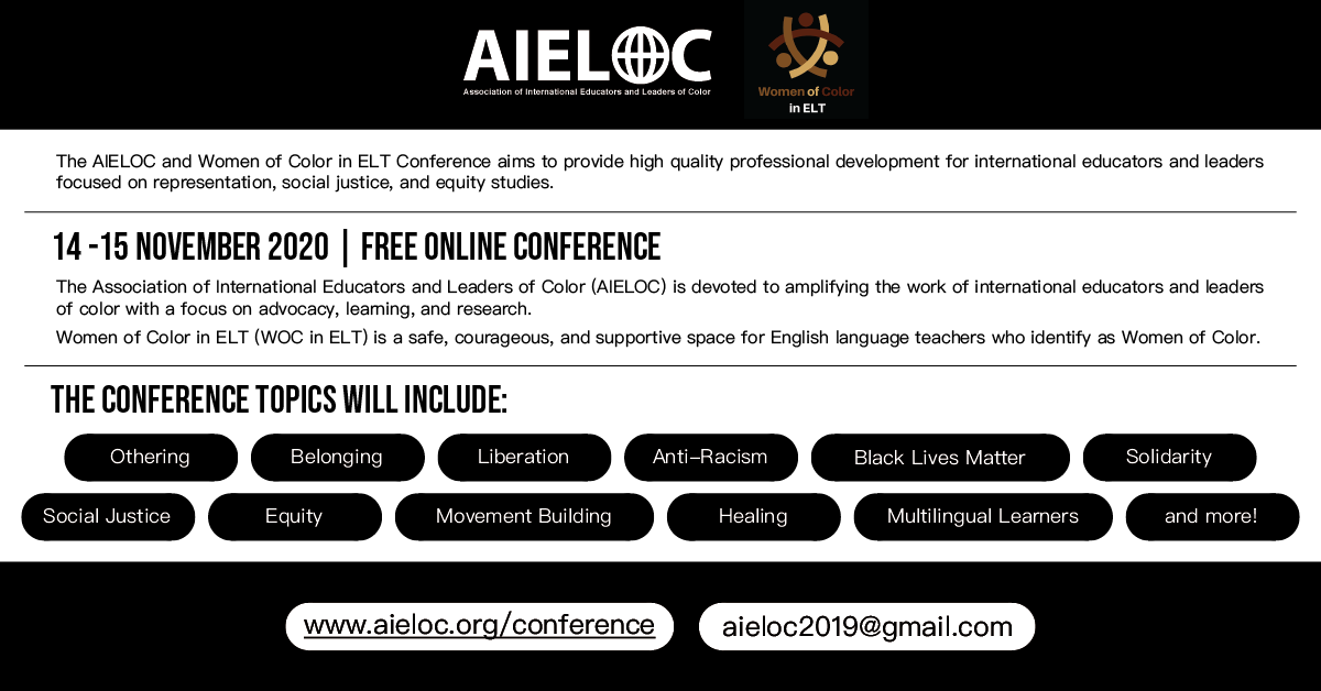 danautanu's tweet photo. It's this weekend! FREE online Conference by AIELOC &amp; Women of Color in ELT on social justice &amp; equity in international education. 14-15 November. Don't miss it!
 
Check out the speakers &amp; sessions: https://t.co/KGbxuYmQH9

#internationaleducation #intledu https://t.co/VhU03FDzZq