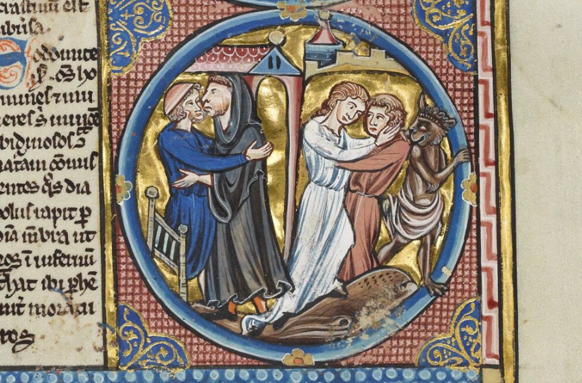 I found this image today in a depiction of Sodom, representing men and women being queer together. Note the demon and the hellmouth at their feet. What does queer desire look like? Embracing. One woman cups another's face. No kisses.(Bodleian Library MS. Bodl. 270b, f. 14r)