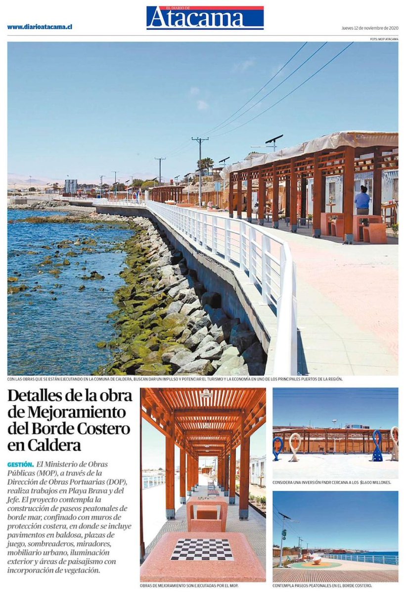 MOP_Atacama's tweet photo. 👷🏼♀️👏🏻 Agradecemos a @diarioatacama quienes destacan los detalles d la obra de Mejoramiento de Playas #Brava y #DelJefe en #Caldera 🏖️ 🌅
Importante proyecto ejecutado por #ObrasPortuariasMOP (#DOP) q potenciará el turismo y la economía de la comuna 👏🏻🏖️🛶⛵👨👩👧👦
#ChileSeRecupera 🇨🇱 https://t.co/KEOznd30BC