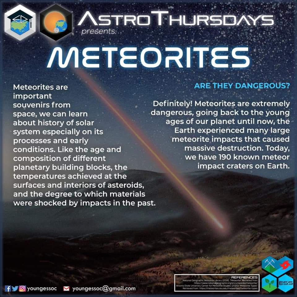 YESS EA: AstroThursdays presents:
Meteorites! 

Visit our FB page for more info:
shorturl.at/clER4

#EarthAcademy
#AstroThursdays
#YESS