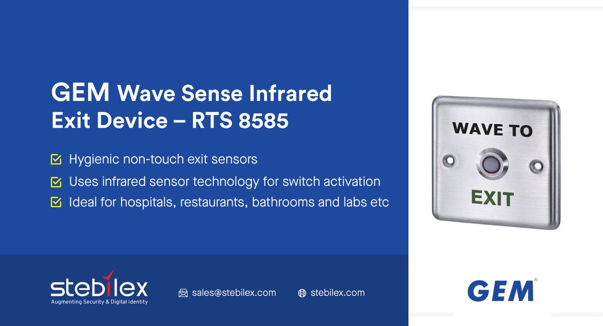 StebliexSystems's tweet image. The RTS 8585 from GEM Gianni is a part of its wave sense touchless exit sensor range. The RTS 8585 comes in European size sanitary egress ensuring hygienic safety for users. #GEMGianni #touchless #ExitButton #stebilex 
Reach us: sales@stebilex.com
