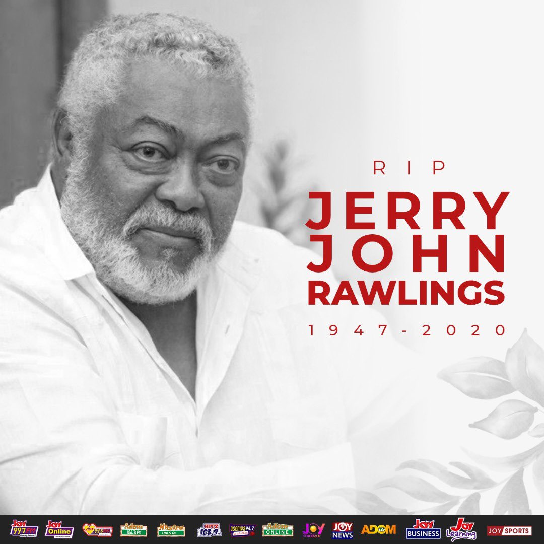 TheIsraelLaryea's tweet photo. Former President of Ghana, Jerry John Rawlings is dead.

The longest serving Head of State, JJ ruled from 1981-2001, having taken power briefly in 1979.

He died aged 73 at the Korle-Bu Teaching Hospital where he’s been on admission for a few days.

#RIPJJ
#JoyNews https://t.co/bWwtxnp1xI
