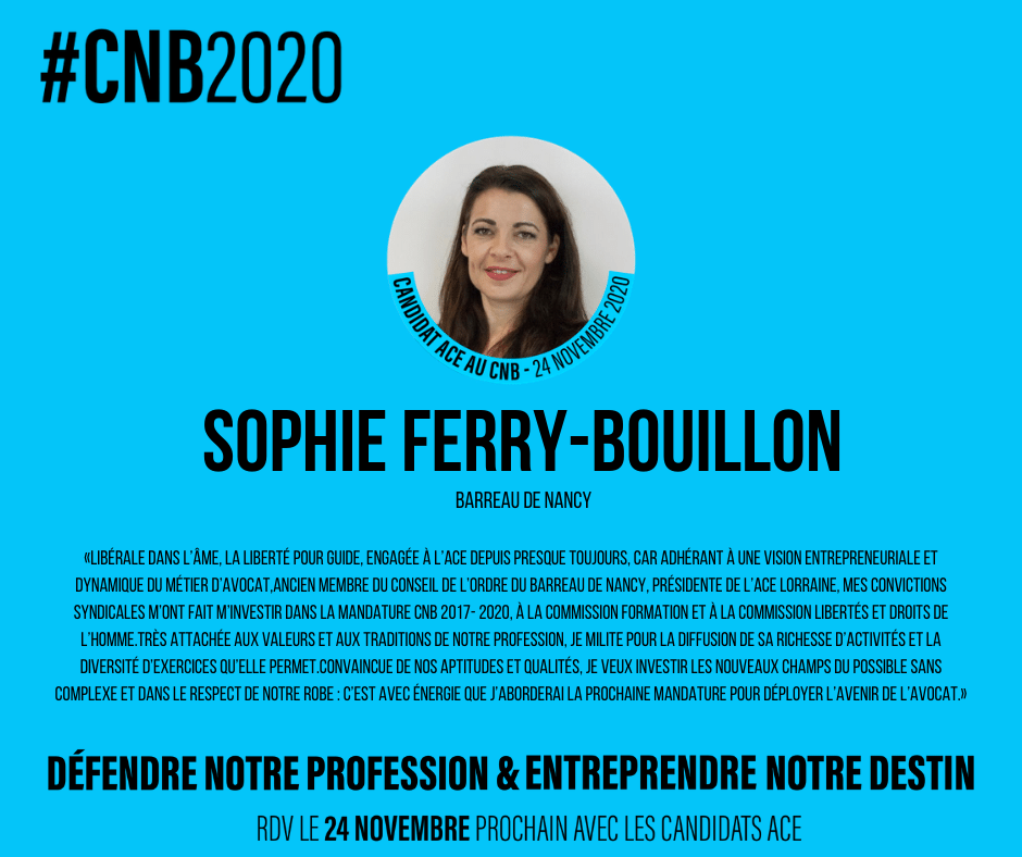 ACEavocats's tweet photo. 👉Découvrez Sophie Ferry-Bouillon, candidate pour l'ACE aux élections du 24 novembre au Conseil National des Barreaux ! 🚀
#CNB2020 #JeVoteACE https://t.co/cuXdCoRATA