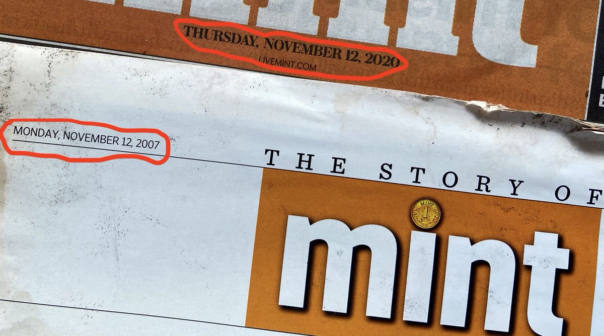 Happy 13th (BLR) Birthday,  @livemint ! Some lockdown + Diwali cleaning in my basement threw up a soggy, mouldy but readable copy of the first day, first issue! A thread celebrating an unlikely hero – a business newspaper. Read on for fragments of a reader’s reflections…1/16