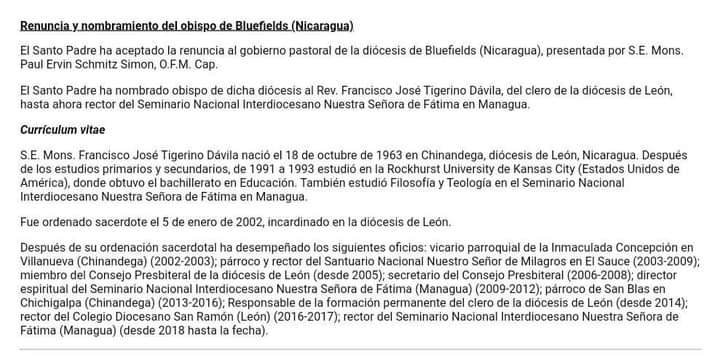 ☝🏾🧔🏾💬 Nuevo Obispo para la Diócesis de #Bluefields +++ Padre Francisco Tigerino.

✅ El PAPA ha nombrado obispo diócesis al Rev. Fco Tigerino Dávila, de la diócesis de León, hasta ahora rector del Seminario Nacional Nuestra Señora de Fátima en Managua. #LaIglesiaSomosTodos