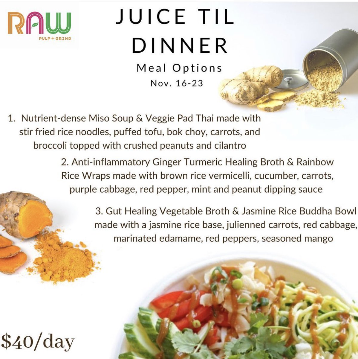 Next week’s Juice Til Dinner menu. Pick up or delivery on Tuesdays. 100% #plantbased #glutenfree rawpulpandgrind.com/raw-reboot-cle…